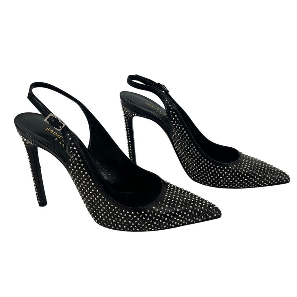 Authentic Saint Laurent Paris Studded Slingback Pumps Black Leather Size 38.5